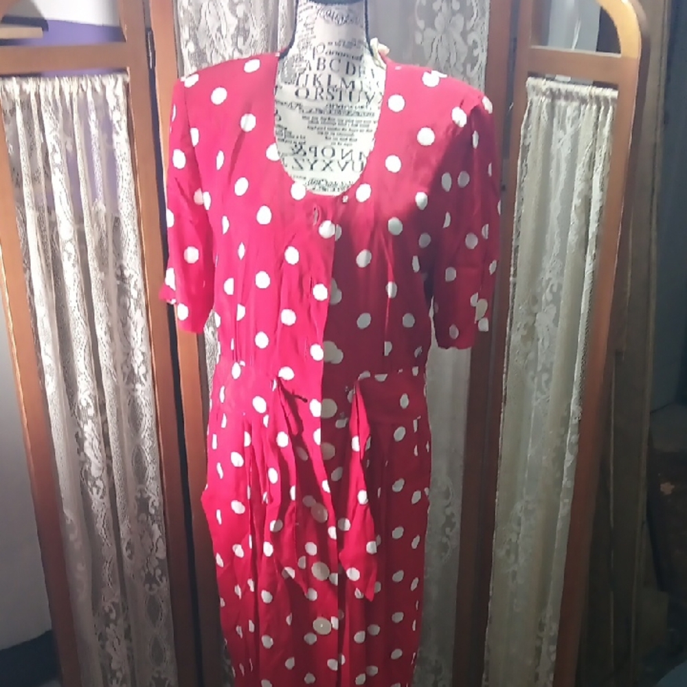 Karin Stevens Red Dress with White Polka Dot Accents
